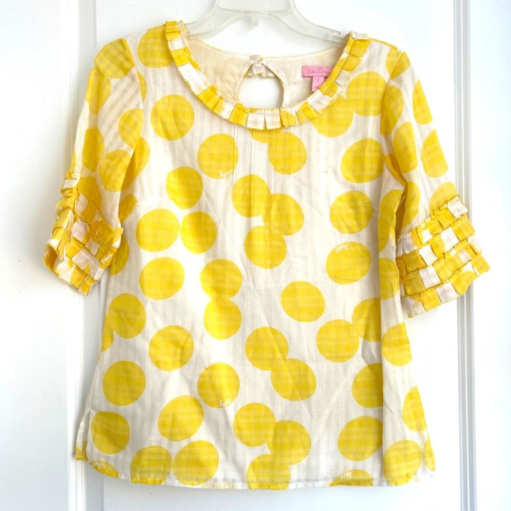 Lilly Pulitzer Ruffle Top Sz 0 Yellow White Polka Dots Summer Trendy Preppy